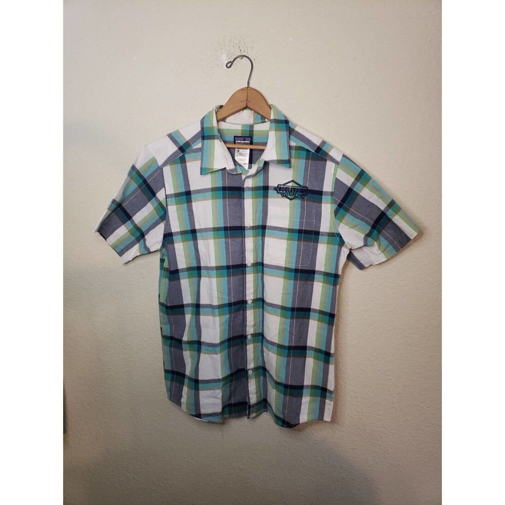 Patagonia Organic Cotton Plaid Button Boulevard Brewing Mens Medium Embroidered